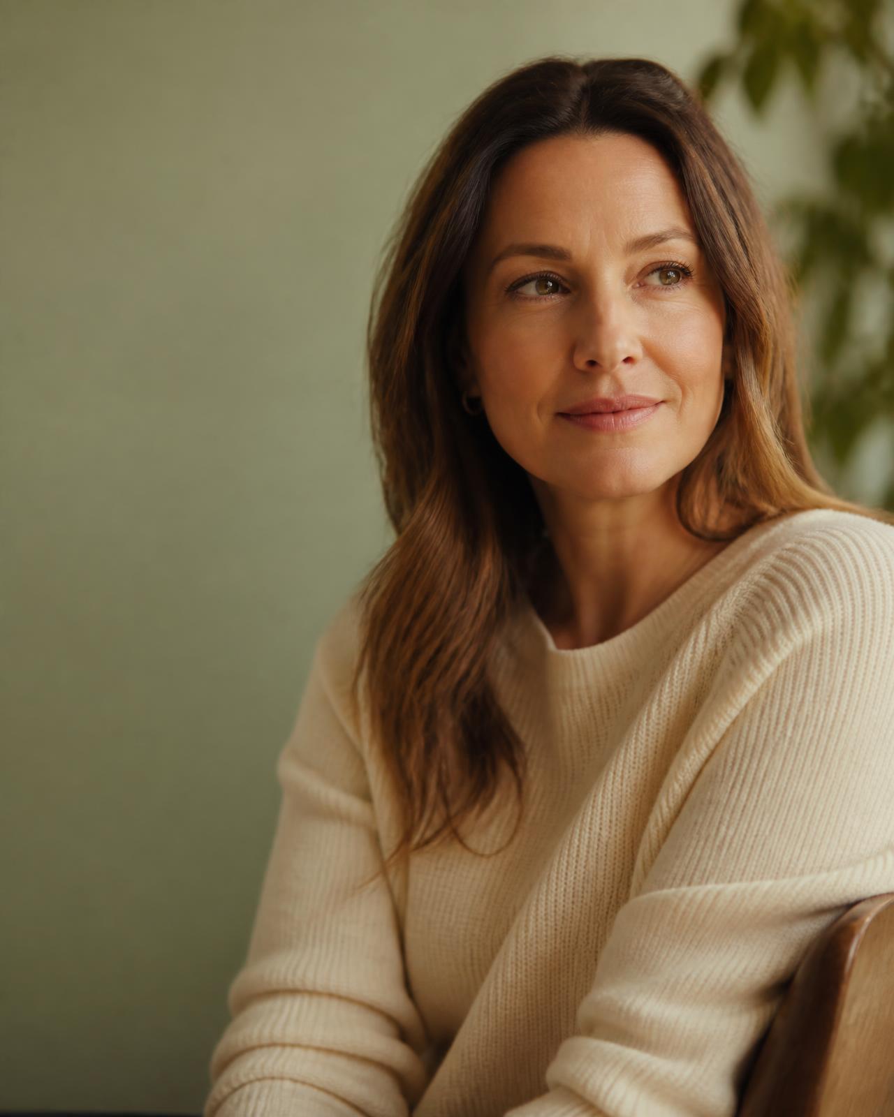 Woman in her forties in warm natural light, a patient of a virtual women's health clinic